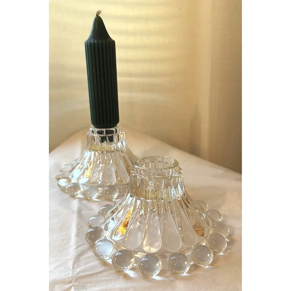 Vintage Candlesticks Set of 2 Clear Glass Hobnail Taper Holder Retro MCM